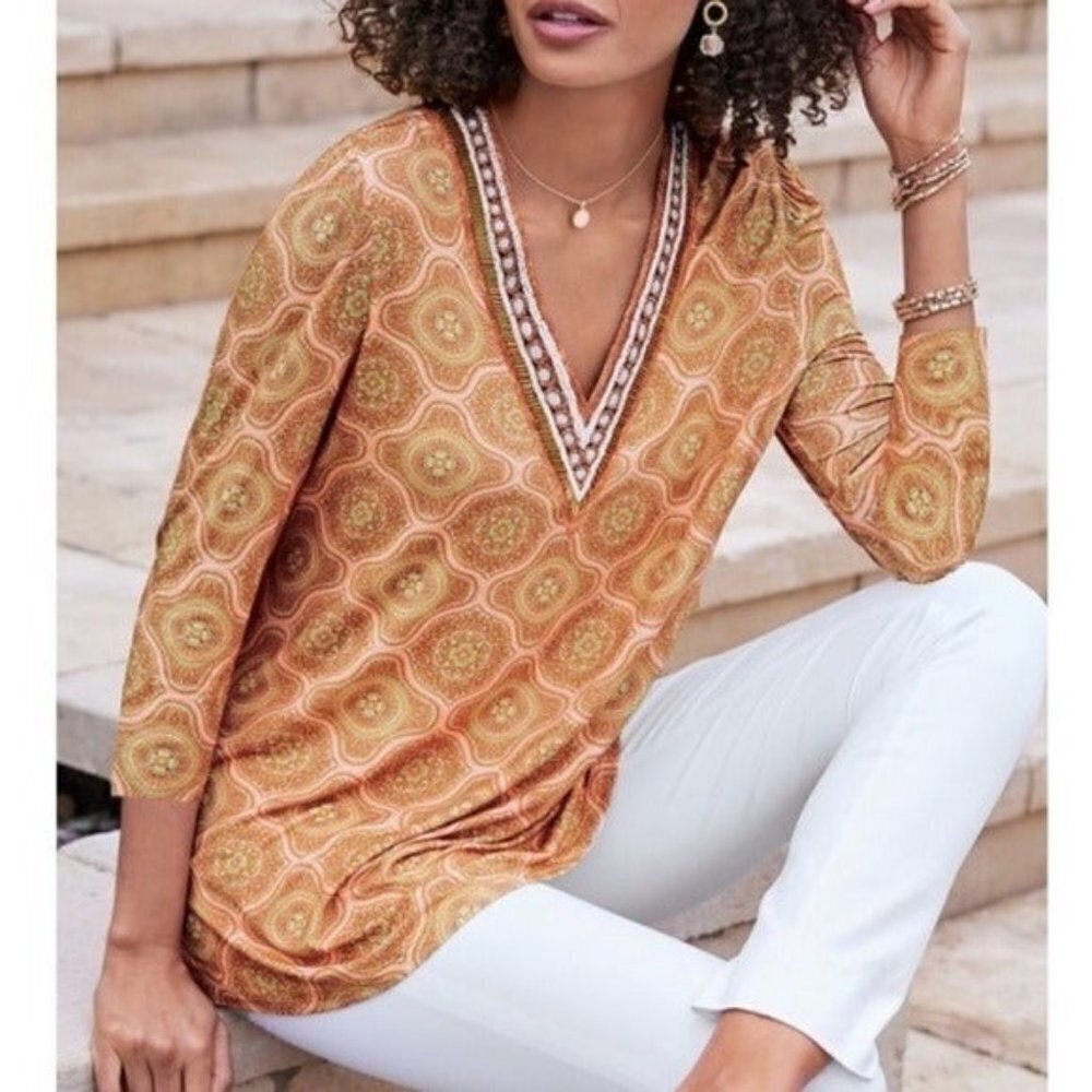 SOFT SURROUNDINGS Lillia Beaded V-Neck Top Tile Pattern Orange Hues Size 1X NEW